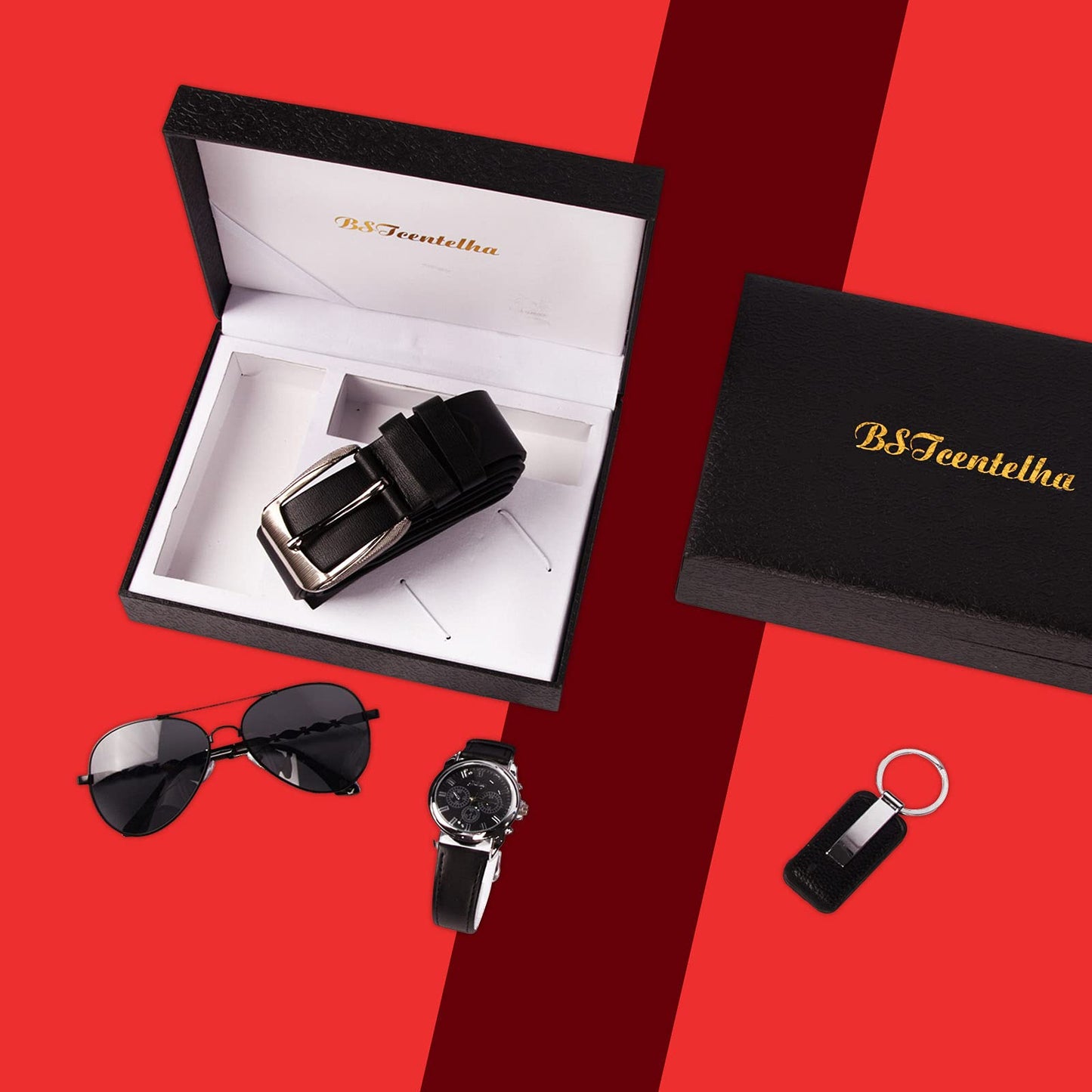 BSTcentelha Mens Gift Set,Mens Artificial Leather Watch Belt Keychain Sunglasses Gifts Set, Father's Day Valentine's Day Present (Senior)