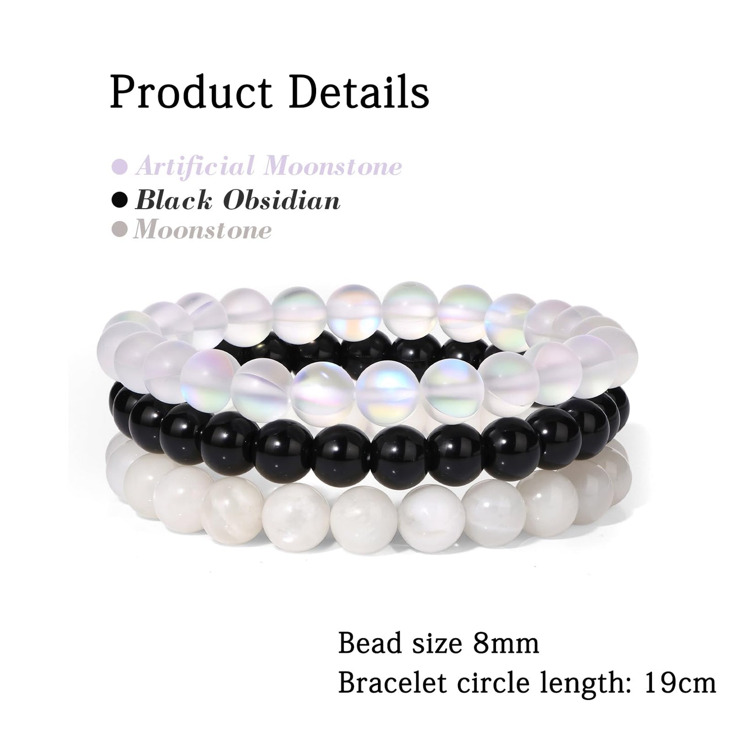 Risyfjew 3 PCS Moonstone Healing Crystal Bracelets Women 8mm NaturalMoonstone Stone Beaded Stretch Bracelet Crystal Gifts for Women