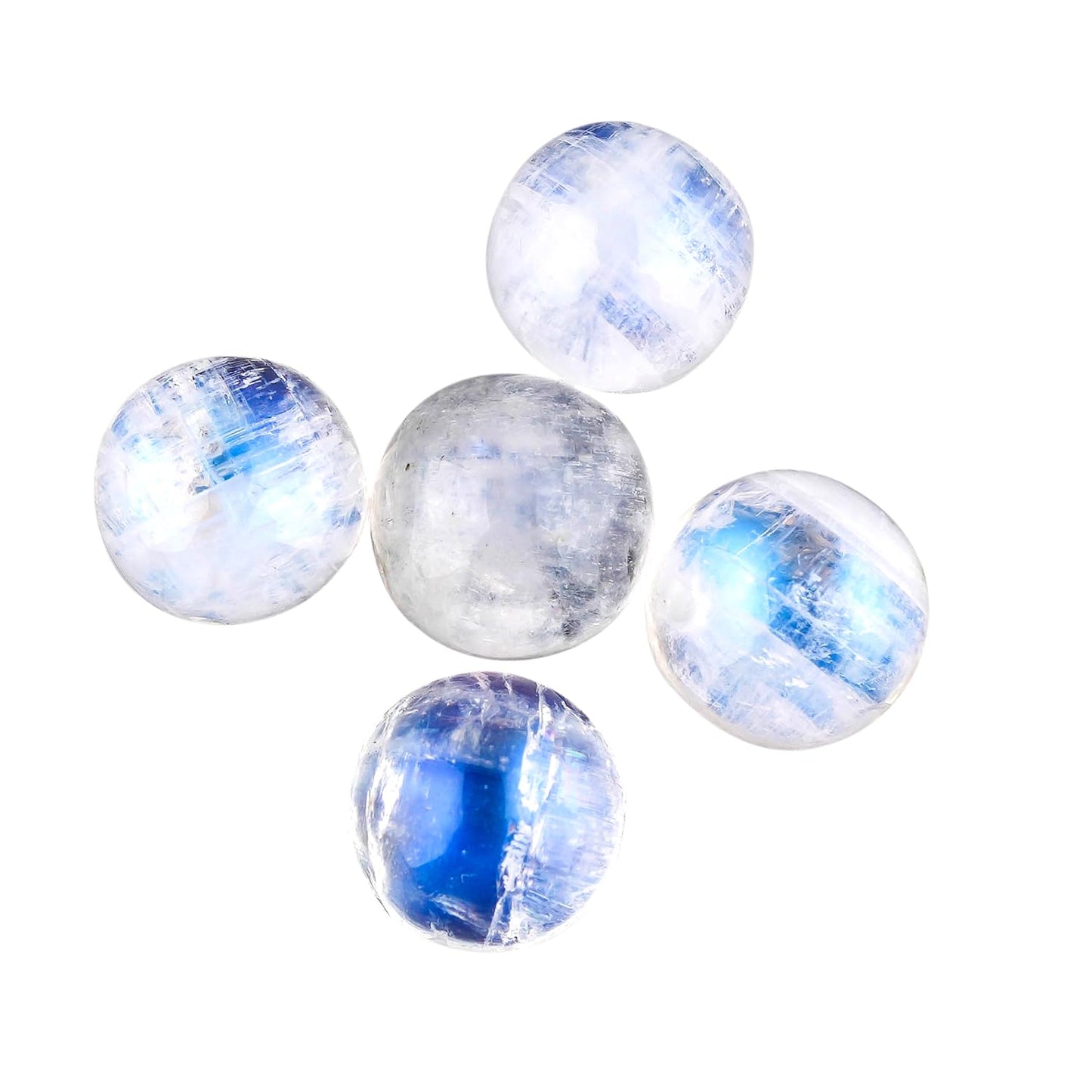 CRYSTALINES (5pcs) Natural Rainbow Moonstone Gemstone, Bulk Cabochon Tiny Round Stones, Jewelry Making, Polished Loose Supplies, Wicca & Reiki Healing Crystals, June Birthstone, Gem Collection