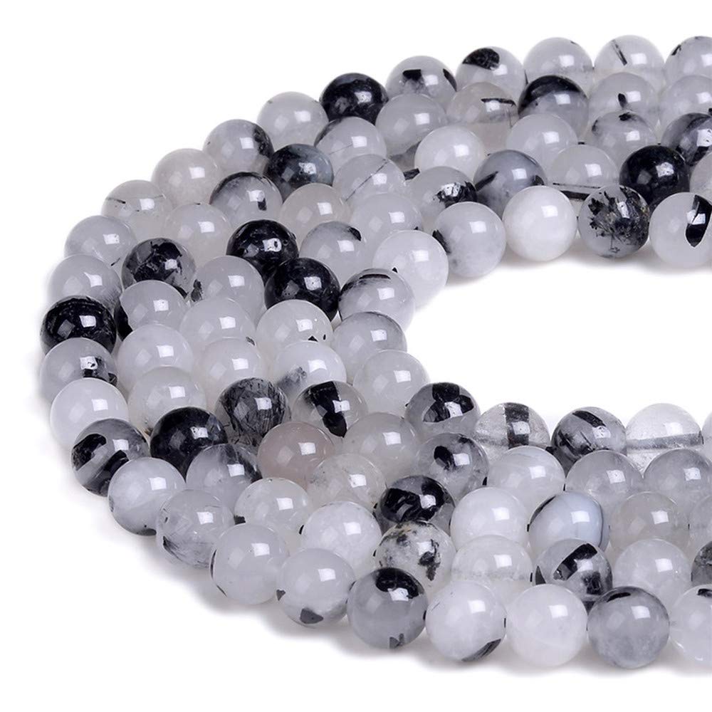PLTbeads Gorgeous Black Rutilated Quartz Natural Gemstone Loose Beads 8mm Smooth Round Approxi 15 inch DIY Bracelet Necklace for Jewelry Making
