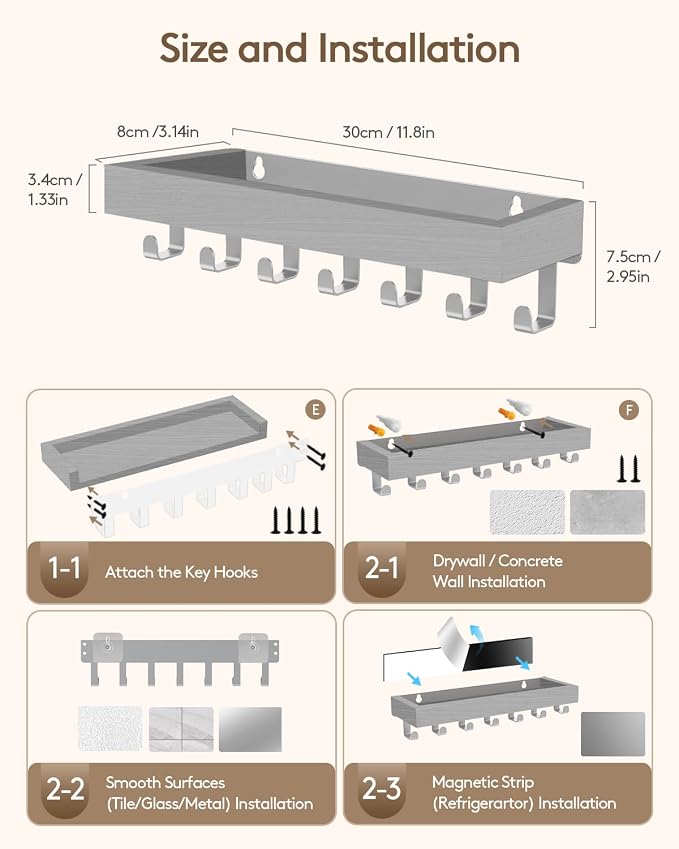 Key Holder Wall Mount Adhesive Magnetic - Hanging Key Hooks with Mail Organizer Tray for Wallet House Accessories - Keys Rack with Shelf for Camper Entryway Door Home Living Room Decor Grey Large