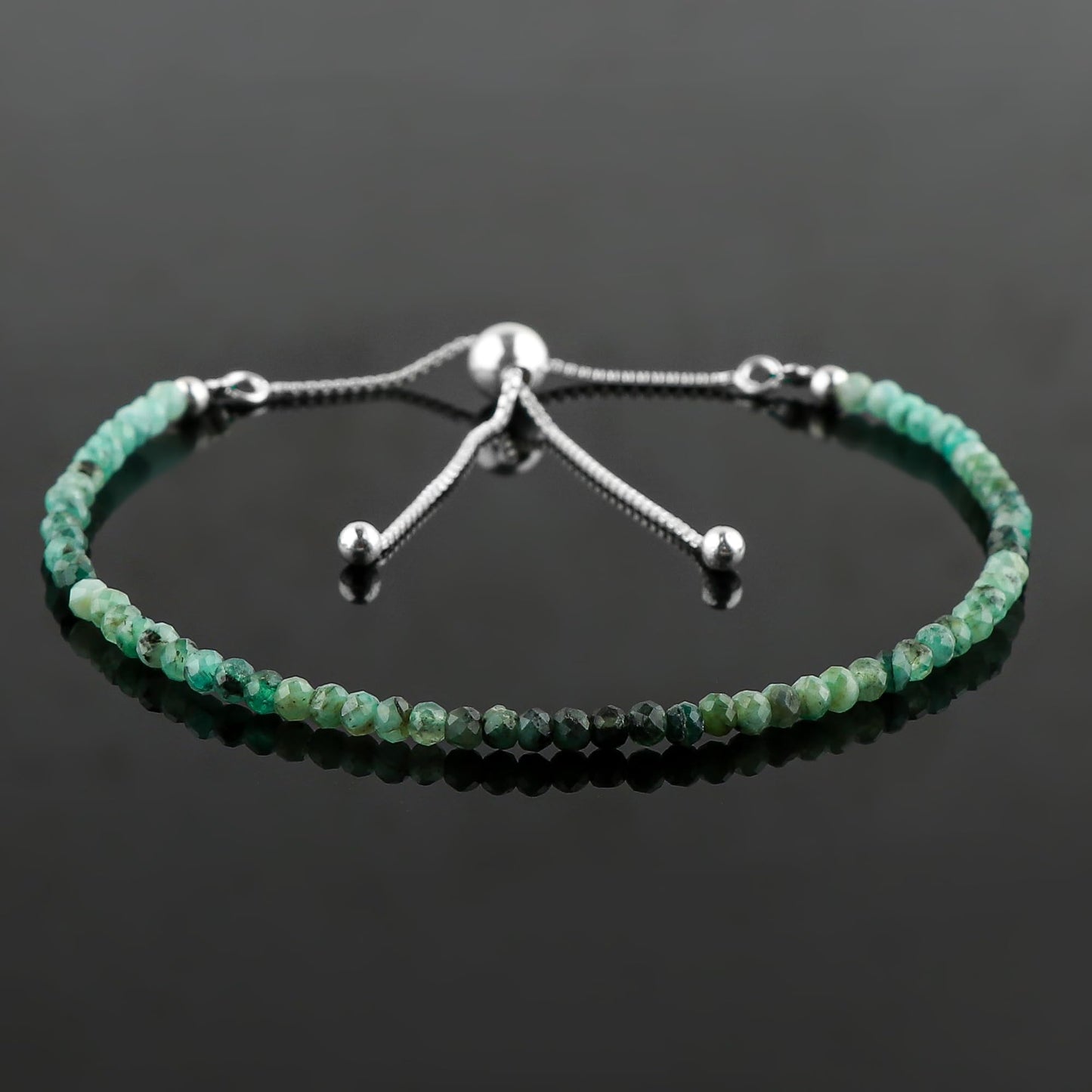 CRYSTALINES Natural Shaded Emerald Gemstone Bolo Bracelet, Faceted Beads Stones, Hypoallergenic Handmade Boho Jewelry for Women, Healing Crystals, Adjustable Silver Chain 6+4inch, May Birthday Gift