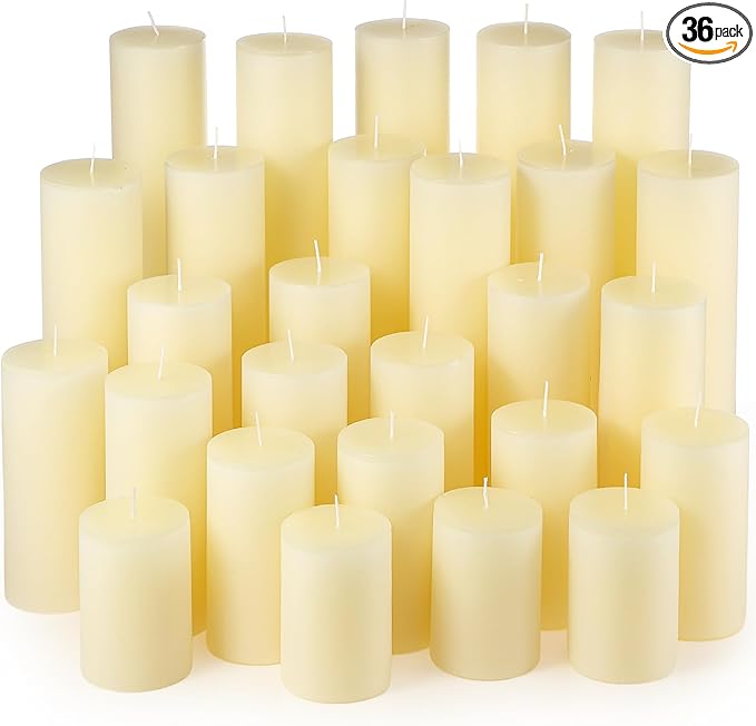 Shihanee 36 Pcs Pillar Candles 3 in x 3,4,5,6,8,10 Dripless Unscented Smokeless Candle Long Burning Decorative Rustic Candles with Cotton Wick for Wedding Home Fireplace (Ivory White)