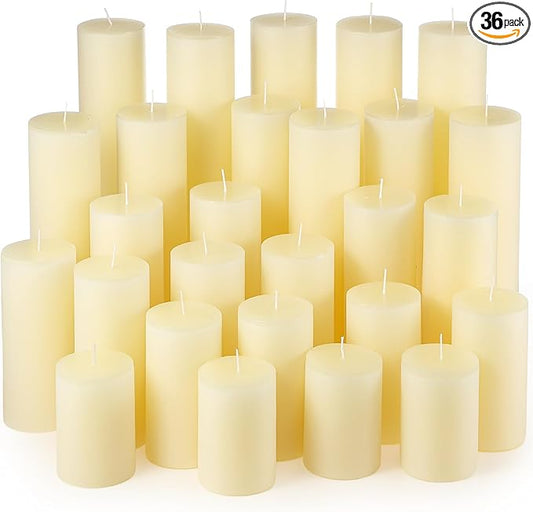 Shihanee 36 Pcs Pillar Candles 3 in x 3,4,5,6,8,10 Dripless Unscented Smokeless Candle Long Burning Decorative Rustic Candles with Cotton Wick for Wedding Home Fireplace (Ivory White)