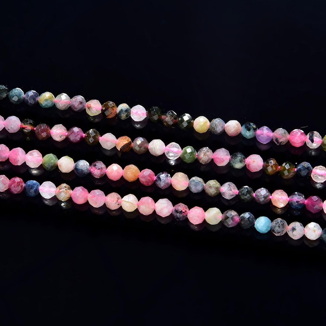 Adabele 30 Inch Natural Multi-Color Tourmaline Healing Gemstone 4mm (0.16 Inch) Tiny Small Faceted Round Loose Beads Stone Spacer (180-200pcs) for Craft Jewelry Making GK4-2
