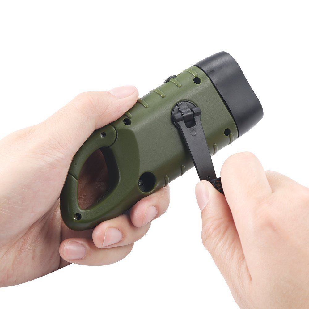 Simpeak 2-Pack Hand Crank Solar Powered Flashlight, Emergency Rechargeable LED Survival Flashlight, Quick Snap Carbiner Dynamo Flash Light Torch for Outdoor Sports, Green