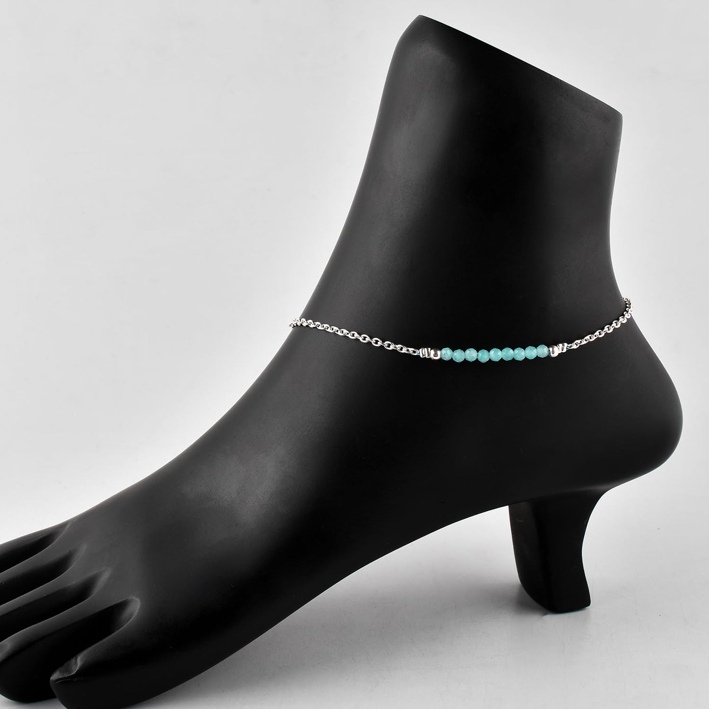 YANARA Amazonite Ankle Bracelet for Women Jewelry, Natural Birthstone, Gemstone Beads, Handmade Dainty Anklet 9"+1.25" inch, 3mm Rounds, Chakra Energy Crystals, Silver Plated Chain