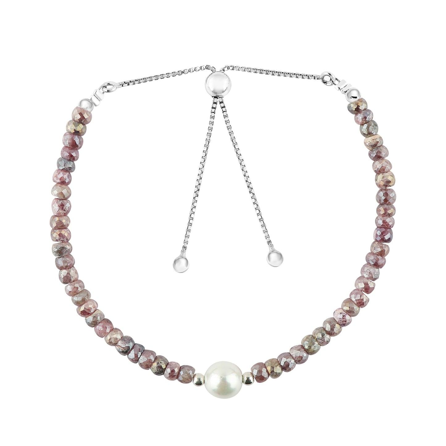 CRYSTALINES Coated Silverite Gemstones Beads Bolo Bracelets with Pearl, Handmade, Birthstone, Beaded Bracelet, Crystals Jewelry, Women Bracelet, Silver Plated Adjustable Chain 10inch