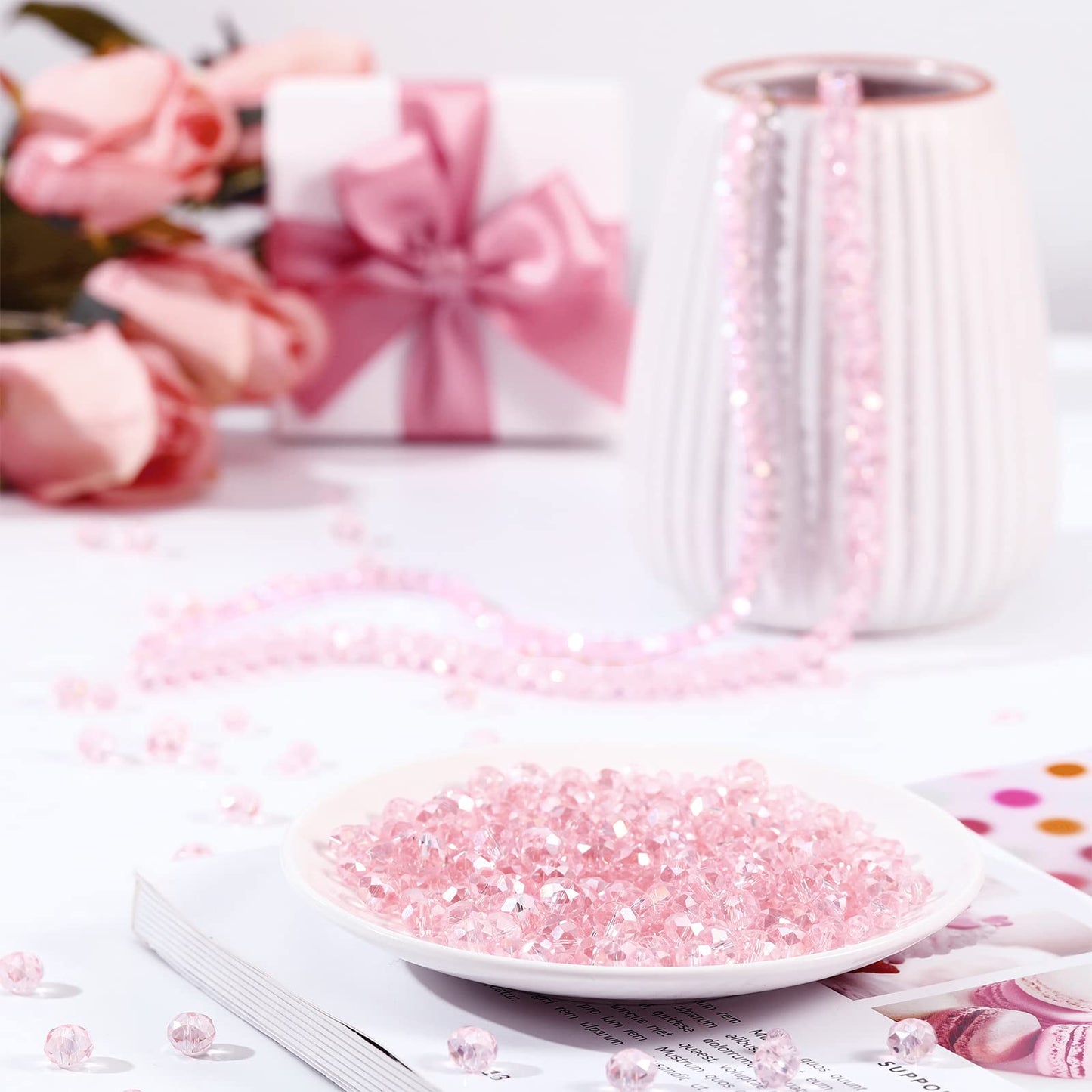 WILLBOND 600 Pcs Crystal Glass Beads for Jewelry Making Bulk Suncatcher Faceted Rondelle Loose Gemstone for Valentine's Day, Irish Holiday, Easter Bracelet DIY Crafts 8mm, 6mm, 4mm(Pink AB Color)