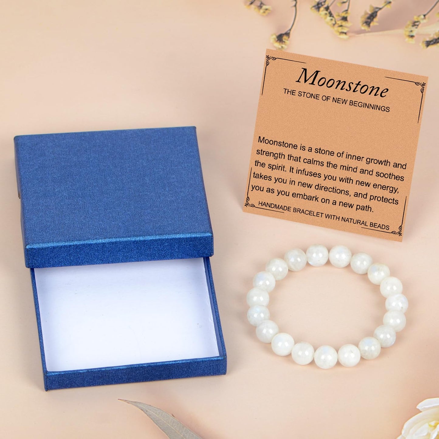 LPBeads Handmade Natural Gemstone Stretch Elastic 10mm Moonstone Bracelet Healing Crystal Round Stone Beads Jewelry Gifts for Women Men