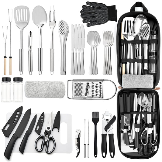 THTYBROS Portable Camping Kitchen Utensil 34 Pcs Set- Cookware Kit, Stainless Steel Outdoor Cooking and Grilling Utensil Organizer Travel Set Perfect for Travel, Picnics, RVs, Camping, BBQs, Parties