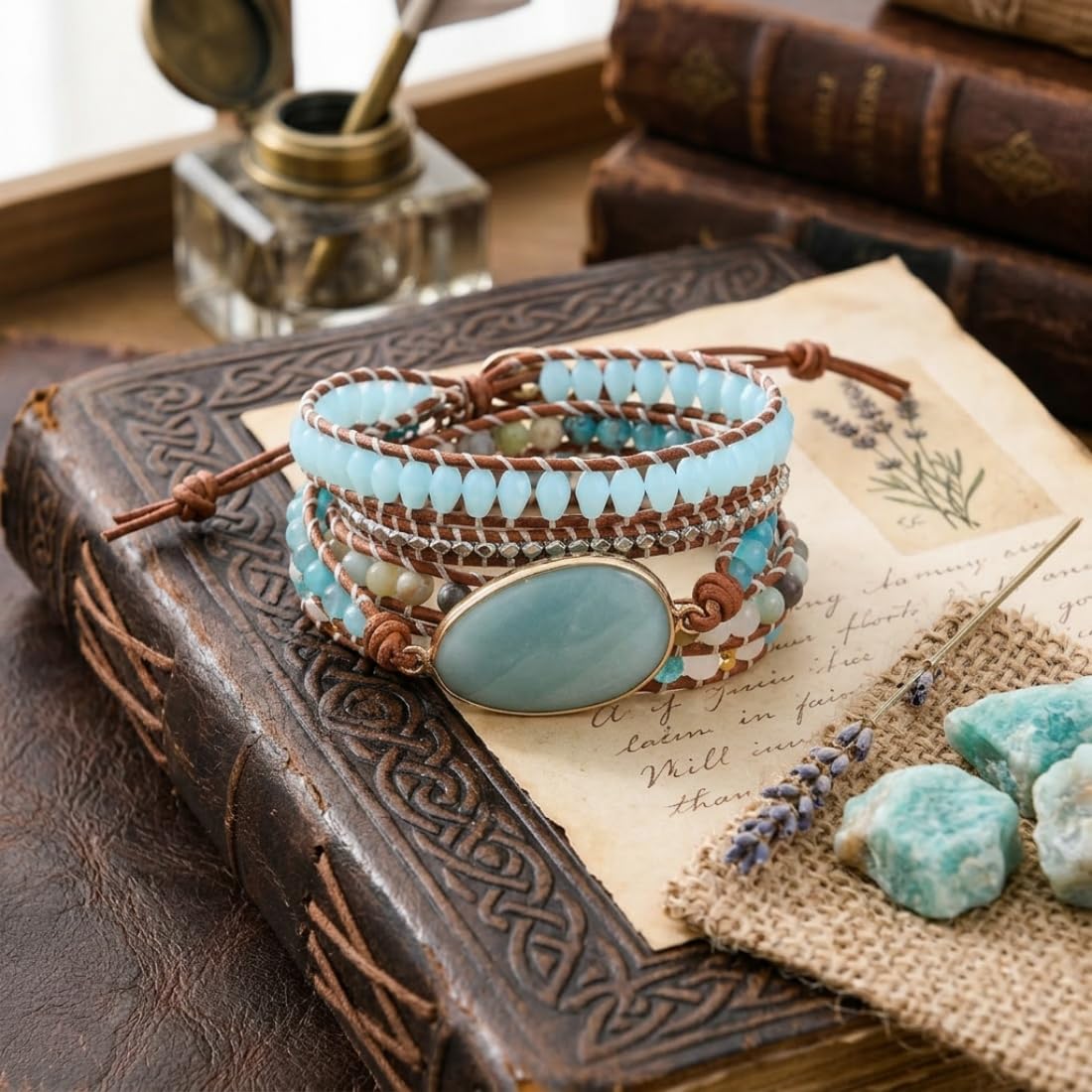 YGLINE Handmade Bohemian Natural Stones Bracelet - Leather Bracelet with Chakra and Beads Wrapped for Women