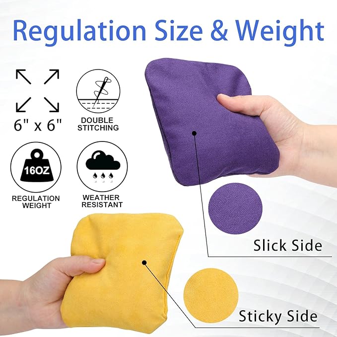 EunHo Dual Sided Cornhole Bags Regulation Set of 8 Professional Cornhole Bean Bags Slick and Stick for Tossing Game-All Weather