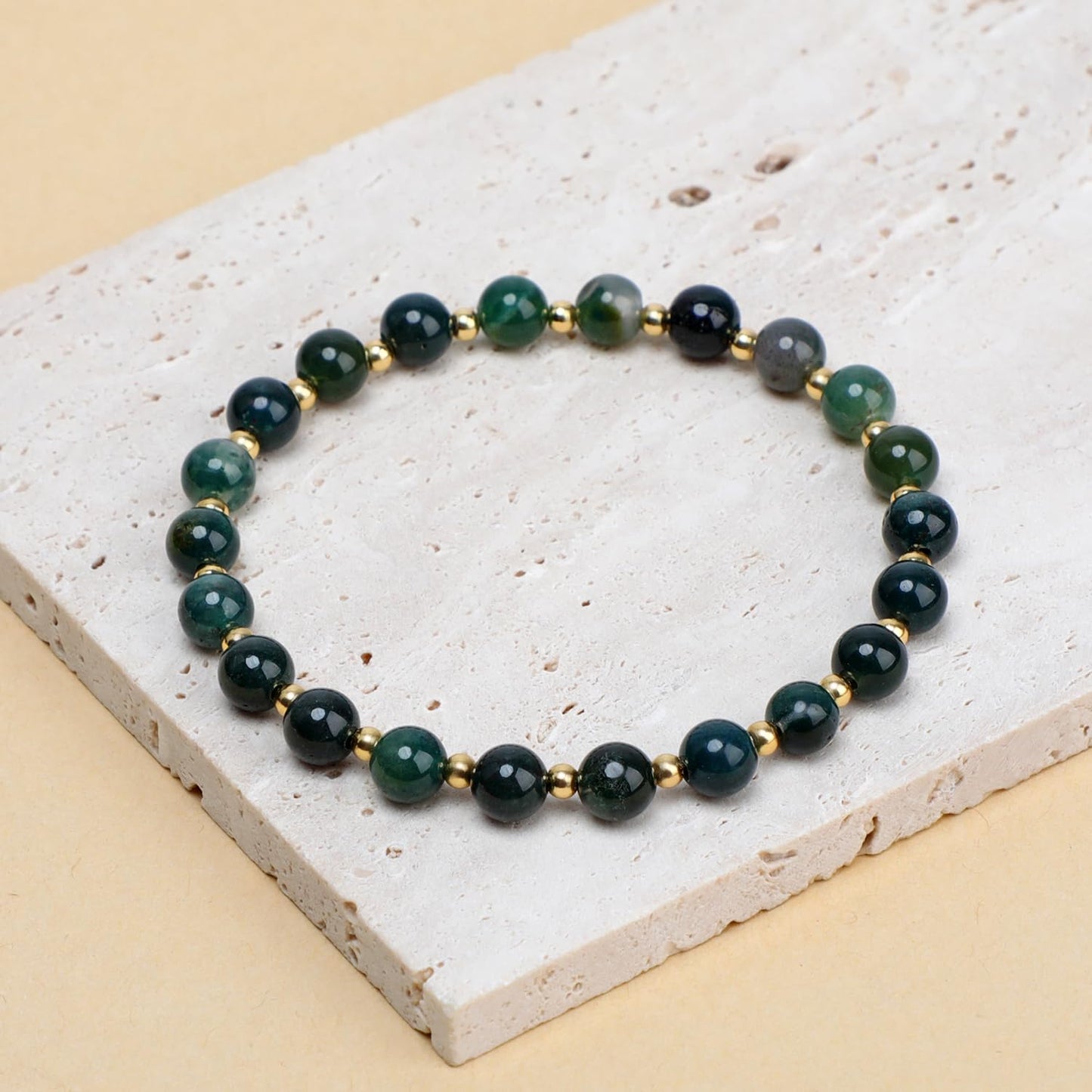 QOGIR Moss Agate - Stone of Optimistic - 14K Gold Plated Beads Natural Gemstone Stretch Elastic Dainty Healing Beaded Bracelets Gifts 6mm