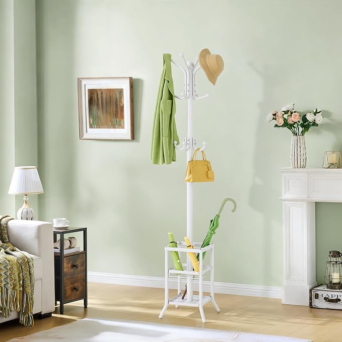 FAVOOSTY Coat Rack Freestanding,Coat Rack Stand with Umbrella Holder,Metal Coat Tree with 12 Hooks,Tree Clothes Hat for Entryway, Hallway, Bedroom, Living Room & Office -White