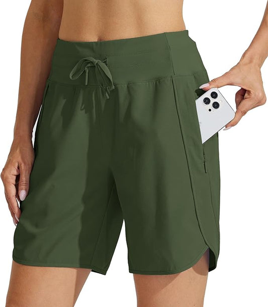 Willit Women's 7" Athletic Running Shorts Long Workout Hiking Shorts Quick Dry High Waisted Active Zipper Pocket(Medium)