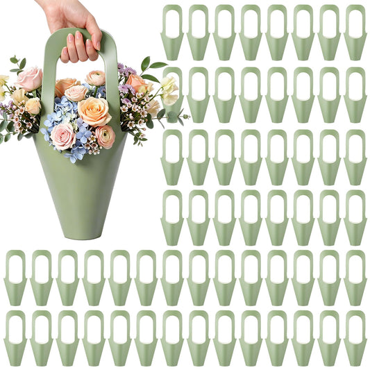 Kolldenn 60 Pack Sage Green Kraft Paper Flower Bouquet Wrapping Paper Gift Bags with Handle Flower Gift Bags for Graduation, Wedding, Birthday, Thanksgiving, Party Favors