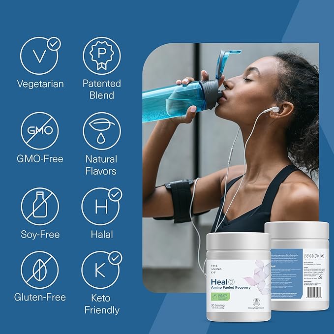 The Amino Co. - Heal - Post Workout Recovery Drink with Pure Eaa Amino Acid Formula -Creatine Monohydrate Powder for Efficient Muscle Repair, Vegan, and Keto-Friendly with Sour Apple Flavor - 10.89oz.
