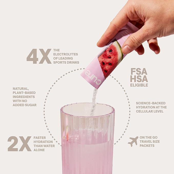 Cure Hydration | Plant-Based Electrolyte Drink Mix | No Added Sugar | FSA-HSA | Dehydration Relief Powder Made with Coconut Water | Non-GMO | Vegan | 28 Servings Jar - Watermelon