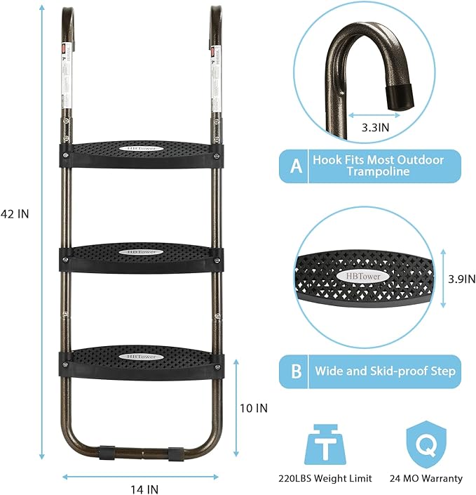 HBTower Trampoline Ladder, 3-Step Trampoline Steps with Horizontal Wide Steps, Skid-Proof Steps Universal Hook, UV Treated Steel, 220Lbs Capacity Trampoline Stairs Accessories for Kids/Children