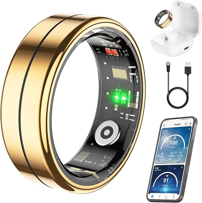 Fit Ring, Smart Health Rings for Women Men with Heart Rate,Blood Oxygen,HRV,Stress Level, Sleep Monitor, Step Tracker, No Subscription Fee, IP68 Waterproof Smart Ring for iphone &Android (Gold, 13#)