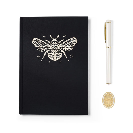 Fringe Studio Embroidered Bee Journal Set, "BEE" 9.25"W x 10"H x 0.75"D, 200 Lined Pages Journal with Cream Colored Pen, FSC-certified paper, Julilana Tiptopn Collection (163PBS007)