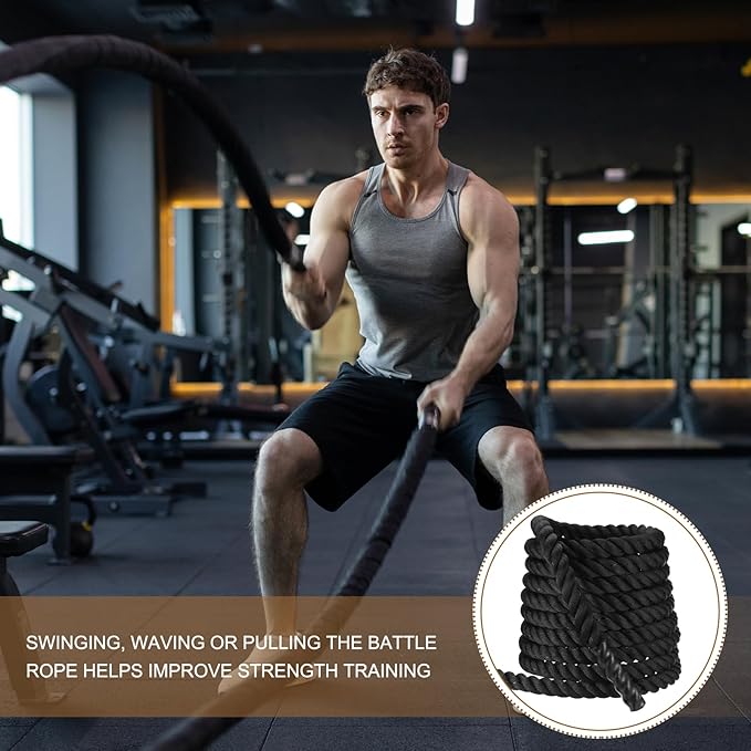 MECCANIXITY Battle Rope 50ft x 2 Inch Polyester Workout Rope Heavy Fitness Exercise Rope for Strength Training Home Gym Muscle Building, Black
