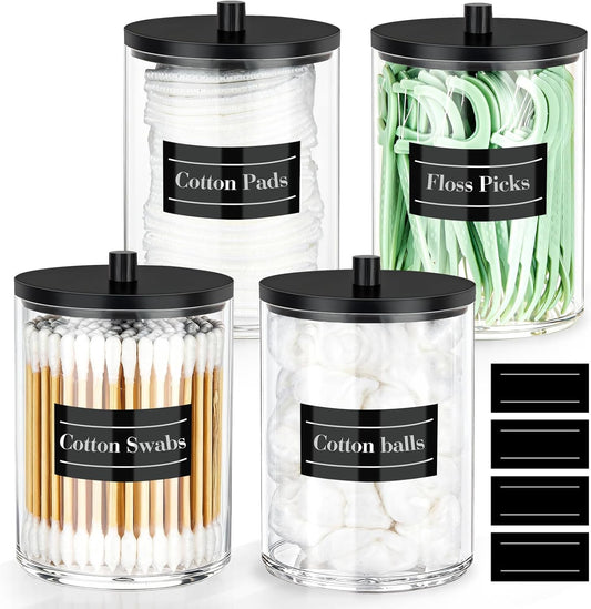 Skiennix 10 Oz Acrylic Qtip Holder - Clear Bathroom Canister Set with Labels for Organized Vanity Storage