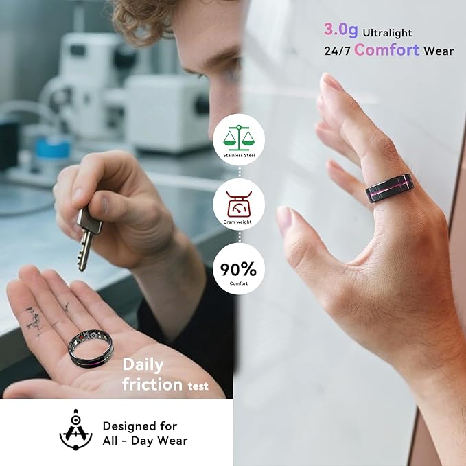 Smart Ring for Women Men,Health Fitness Tracker with Sleep/Blood Pressure/Oxygen Monitoring, Heart Rate & Activity Tracking,IP68 Waterproof, 7-Day Battery,No Subscription Fee 3-Black 8