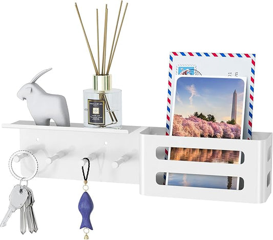 MKO Key Holder for Wall, 12.2In Mail Organizer Holder with Shelf, Metal Key Rack Adhesive Wall Mount, White