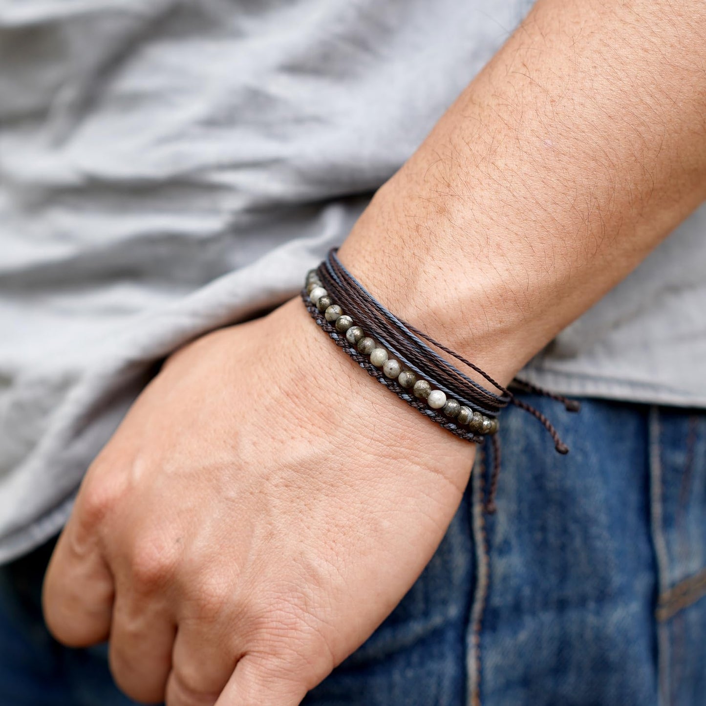 Handmade Natural Stone Beaded Healing Bracelet Gift for Men Adjustable Rope String Bracelet (Pyrite associated with white quartz ore)
