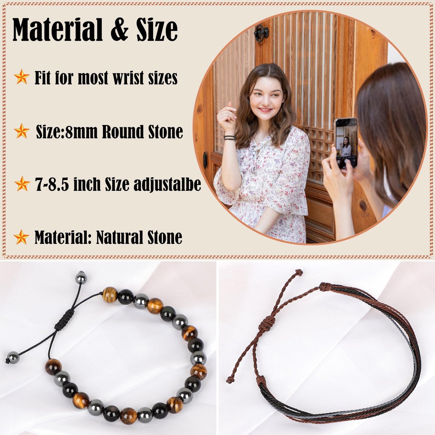 LPBeads 8mm Onyx Tiger's eye Hematite Mixed stone Bracelet with Handmade Rope Bracelet Size Adjustable Natural Stone Crystal Healing Bracelets Gifts for Unisex Adults