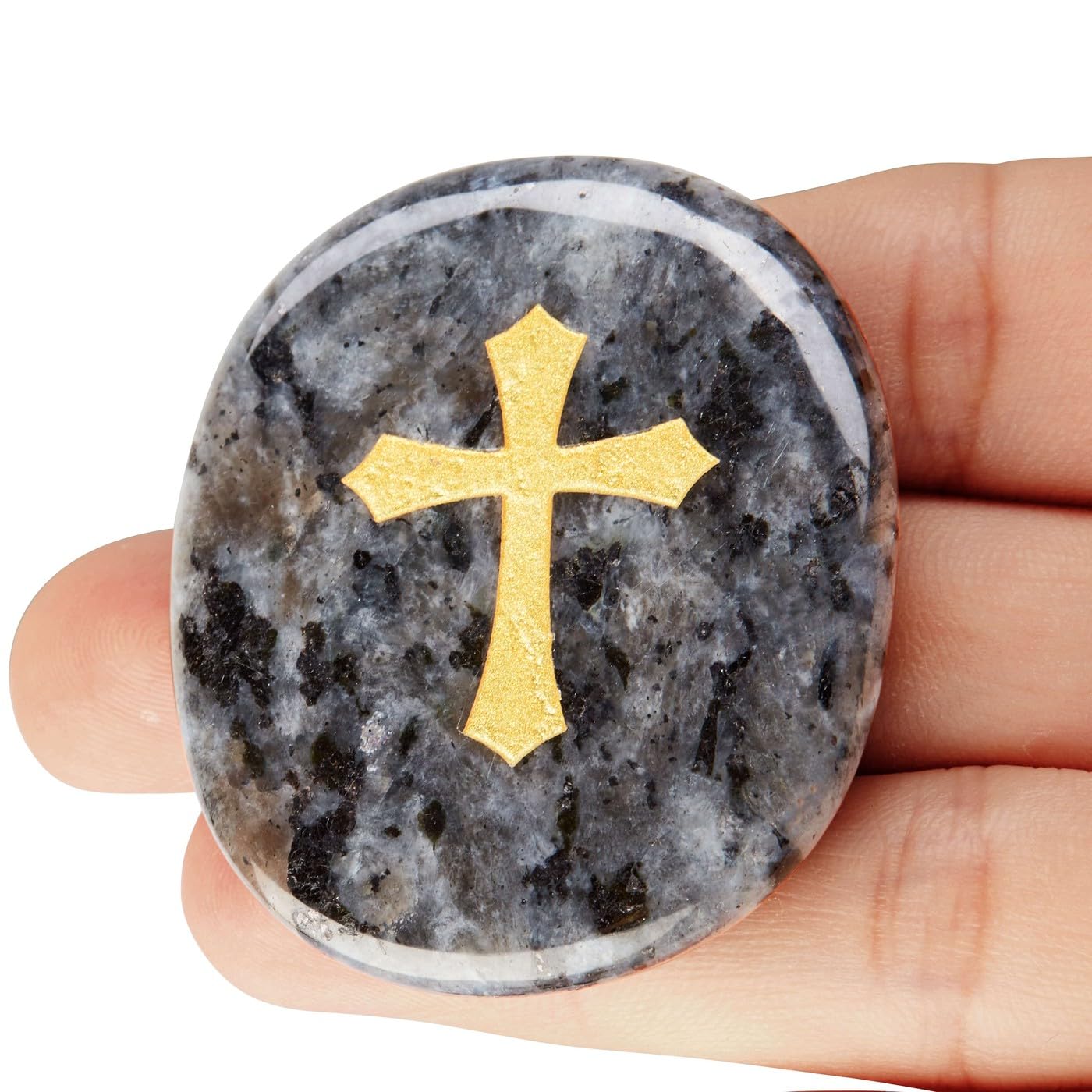 LAIDANLA Black Labradorite Cross Engraved Healing Crystal Worry Stones for Pray Faith Anxiety Relief Oval Palm Stone Polished Natural Crystal Gifts