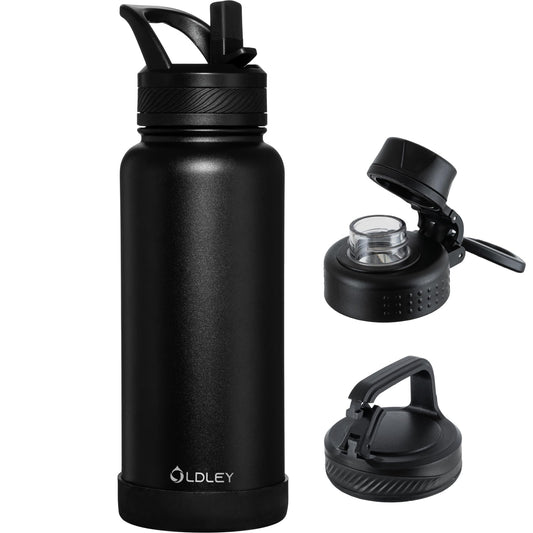 OLDLEY 32 oz Insulated Water Bottle With Straw, Stainless Steel Sports Water Cup Flask with 3 Lids(Straw, Spout and Handle Lid) Double Walled Travel Thermal Canteen Mug,Black