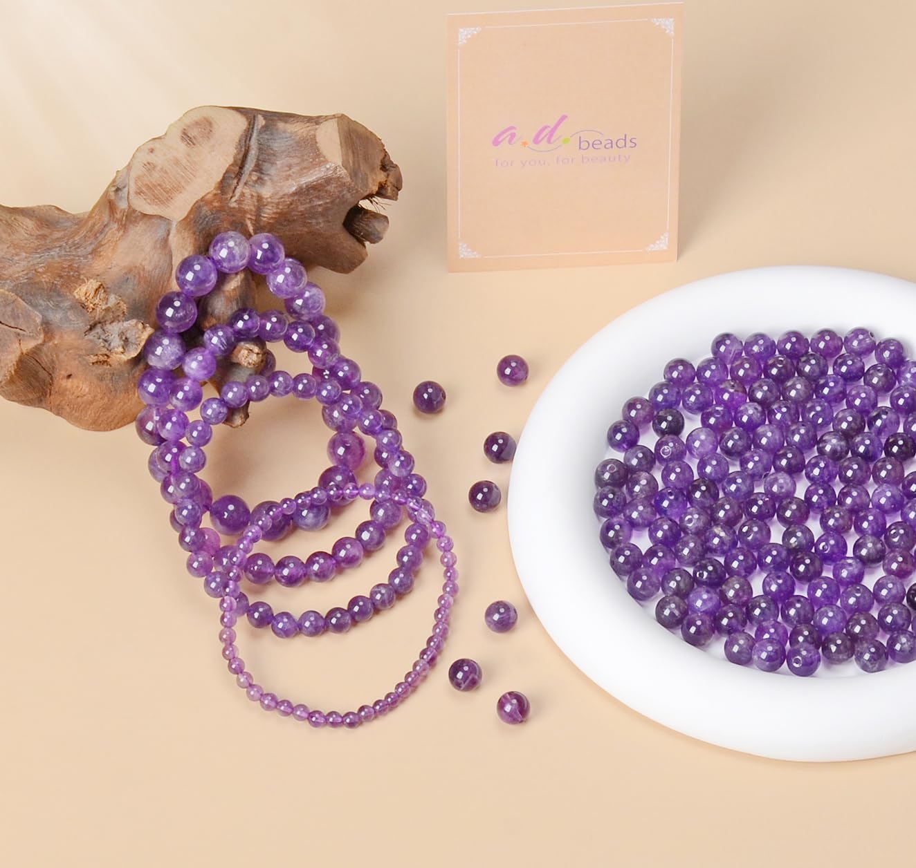 AD Beads Handmade Gemstone Stretch Elastic Bracelet Crystal Healing Reiki Nature's Beauty and Spiritual Essence Unisex (8mm, Purple Amethyst)