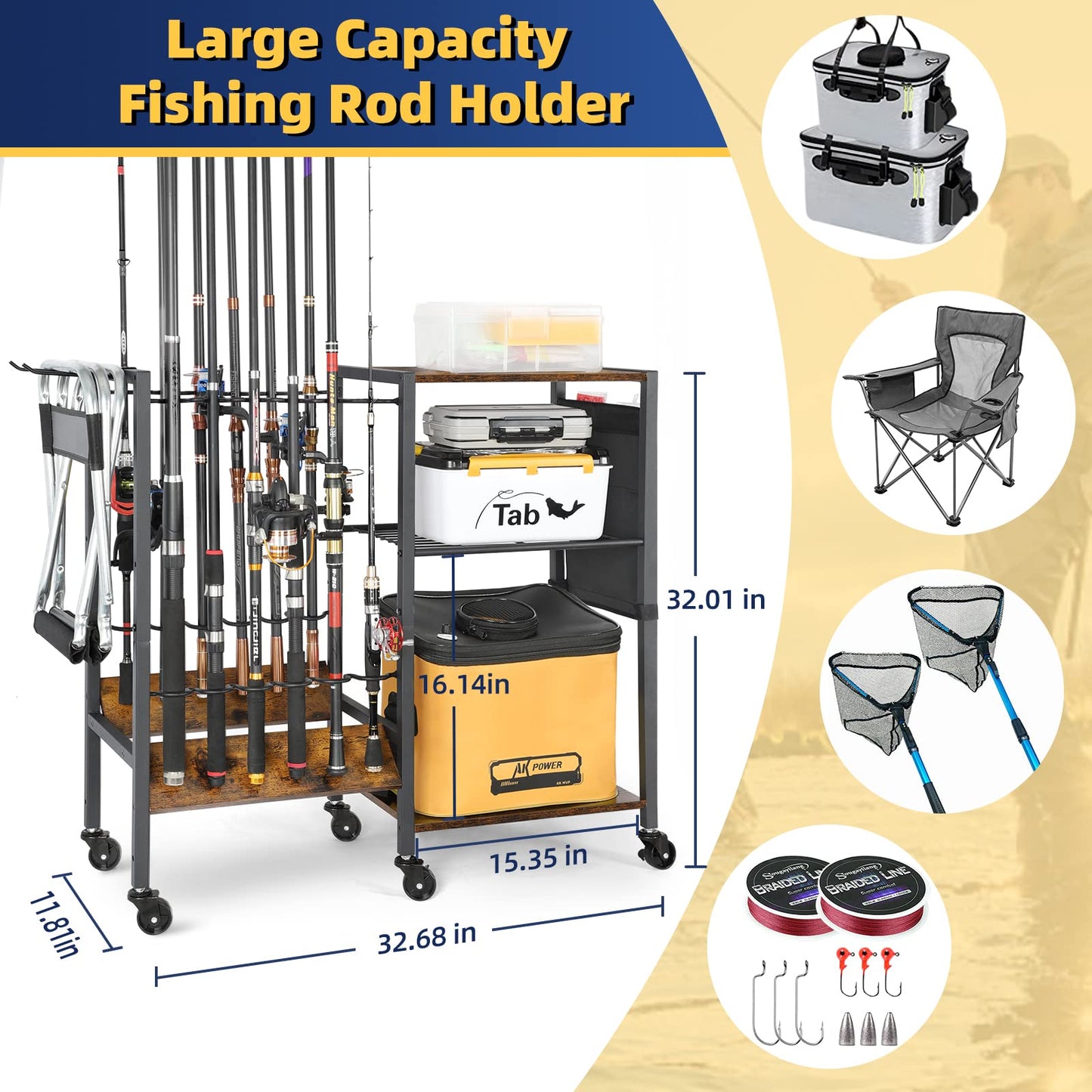 Olakee Fishing Rod Holder for Garage, 12 Fishing Pole Rack & Tackle Organizer, Fishing Gear Storage Cart for Home Entryway & Corner, Space Saving Rod Stand, Heavy Duty Gift for Men Dad Anglers