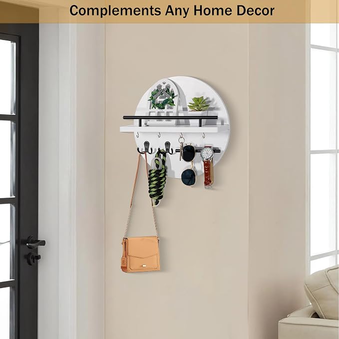 dreampossible Key Holder for Wall Decorative with Shelf and Hooks, Mail Organizer Wall Mount with Sunglasses Holder, Circular Design Entryway Key Rack Hanger, Rustic Home Decor for Mudroom