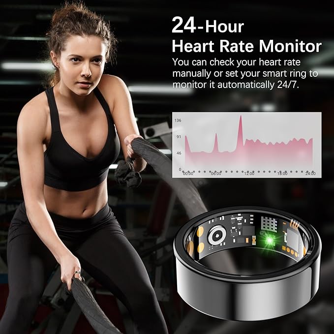 Ring Health Tracker for Women Men, Fit Ring with Heart Rate, Blood Oxygen, Sleep Monitor, Calories, Step Counter, IP68 Waterproof Smart Ring for iPhone & Android, No Subscription Fee (Black, 10#)