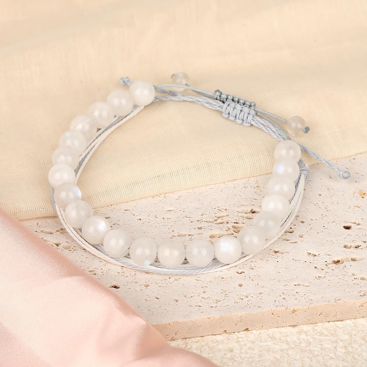 LPBeads 8mm White MoonStone Bracelet with Handmade Rope Bracelet Size Adjustable Natural Stone Crystal Healing Bracelets Gifts for Unisex Adults