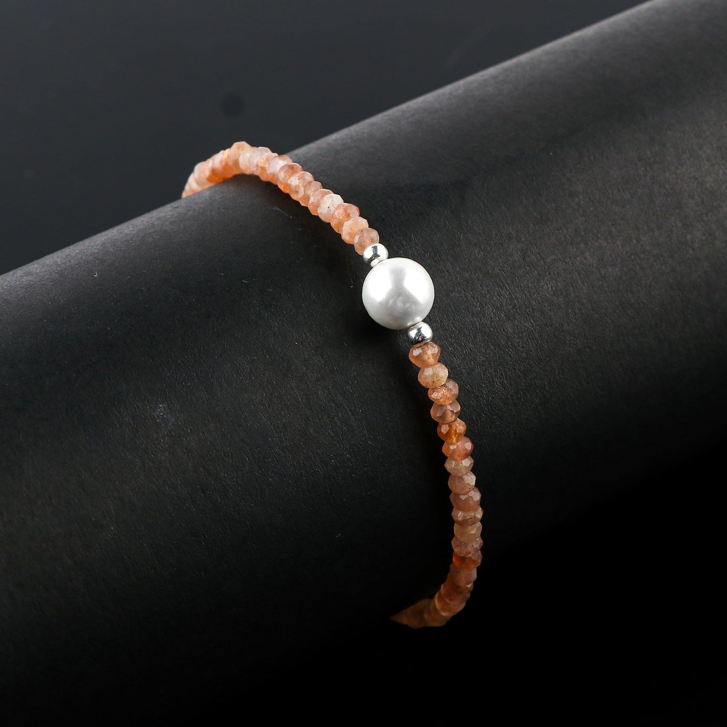 CRYSTALINES Natural Peach Moonstone Gemstone Bolo Bracelet & Pearl, Faceted Beads Stones, Handmade Boho Hypoallergenic Jewelry, Healing Crystals, Silver Chain 6+4inch, June Birthstone Gifts