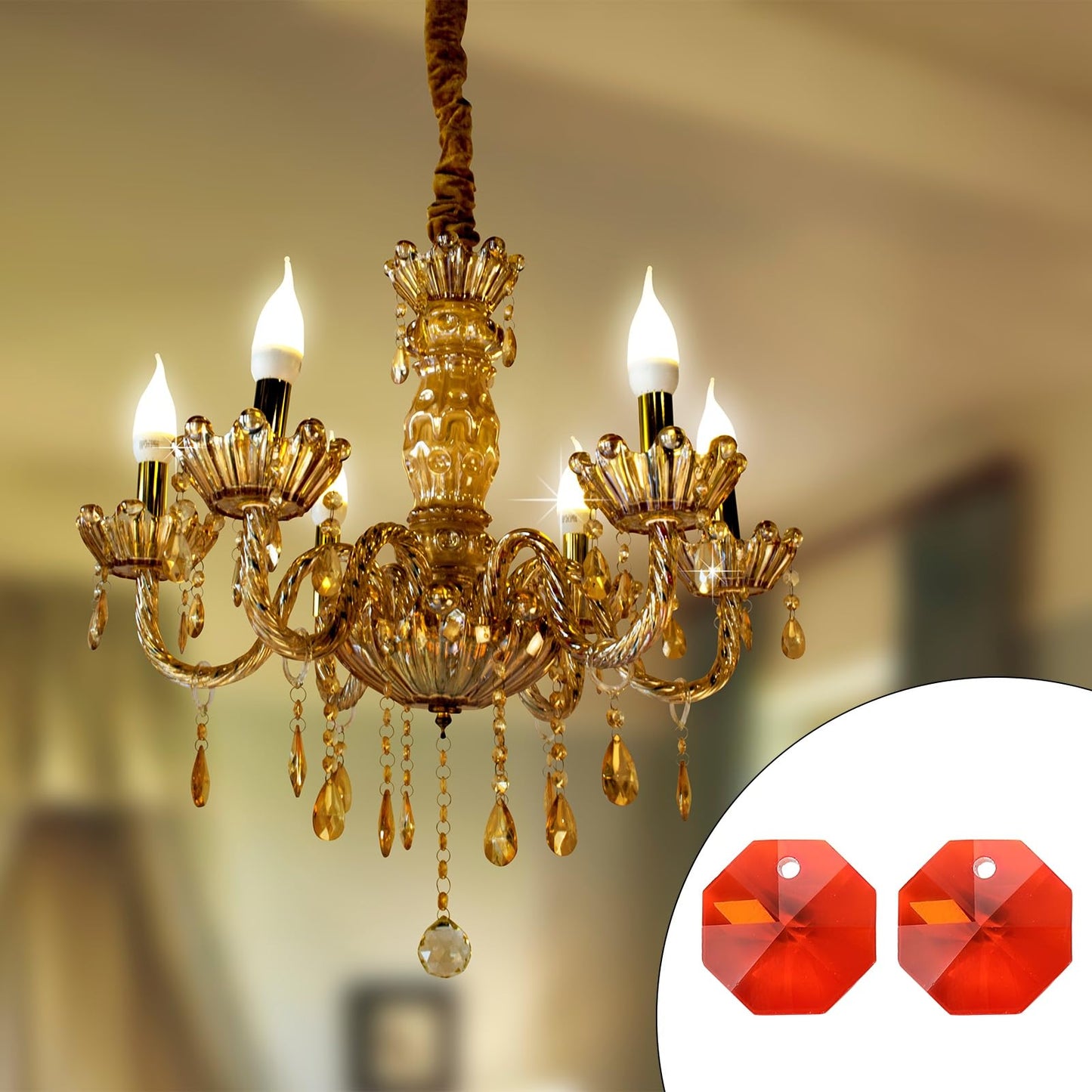 uxcell 25Pcs 1 Hole Crystal Octagon Beads, 14mm K9 Glass Hanging Chandelier Beads Prisms Parts for Crystal Chandeliers Lamp Hanging Pendant Jewelry DIY Craft, Orange Red