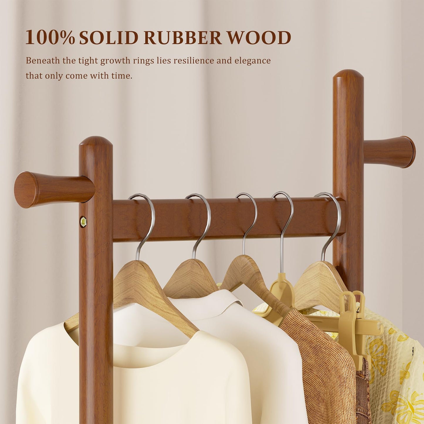 Solid Wood Coat Rack Freestanding Clothing Rack with Wheels & 2 Shelves Storage & 5 Hooks Heavy Duty Clothes Rack Wood Coat Tree Stand Hat Hanger Rack for Corner Bedroom Entryway Living Room Hotel