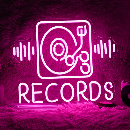 Records Neon Sign For Wall Decor Jukebox Music Light Up Sign Powered by USB Dimmable Pink Led Music Records Neon Light for Video Shop Karaoke Bar Party Bedroom Gifts(15.7"*12.2"）