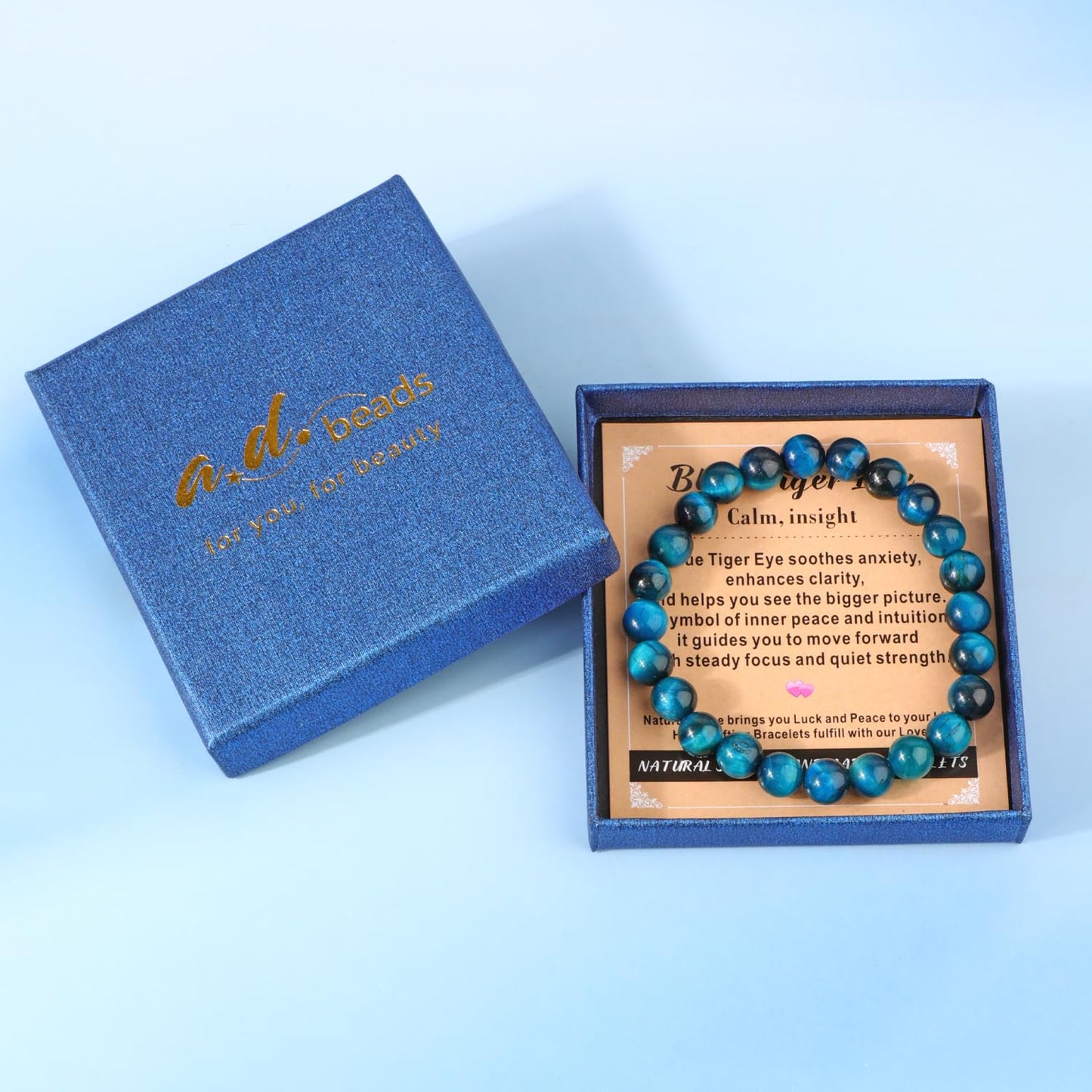 AD Beads 10mm Handmade Blue Tiger Eye Elastic Bracelet – Natural Gemstone for Calm and insight – Meditation, Yoga, Healing and Energy Gift for Men Women