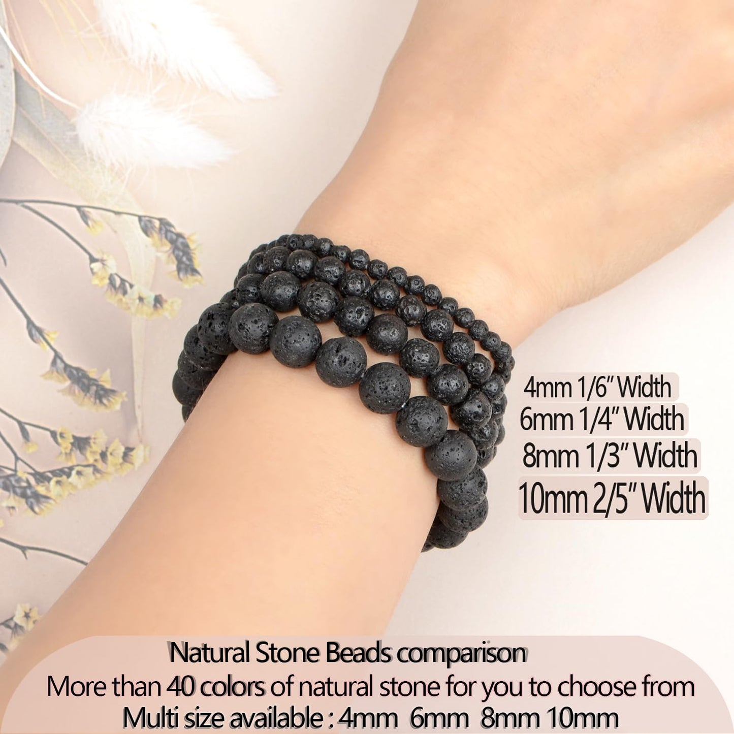 LPBeads Handmade Natural Gemstone Stretch Elastic 10mm Black Lava Bracelet Healing Crystal Round Stone Beads Jewelry Gifts for Women Men