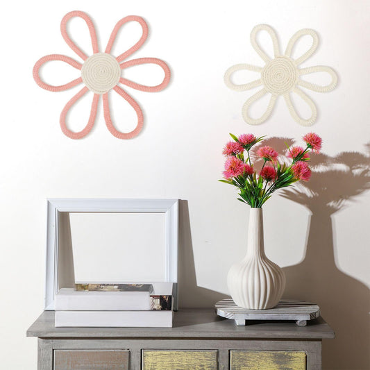 Gerrii Boho Nursery Decor for Girl Daisy Flower 9. 8 and 7. 8 Inch Woven Macrame Wall Hanging Daisy Flower Bohemian Nursery Wall Decor for Baby Girls Kids Bedroom Dorm(Pink, White,2 Pcs)