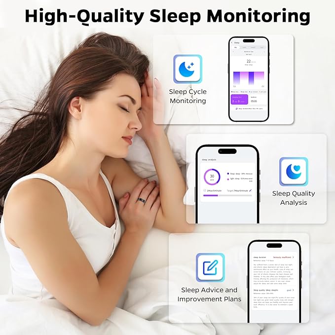 Ultra-Thin Smart Ring for Women Men,Sleep Tracker Ring with Heart Rate, Waterproof Fitness Ring for Activity Monitoring/Steps/Calories,No Subscription Fee,for iSO & Android (Black,9#)