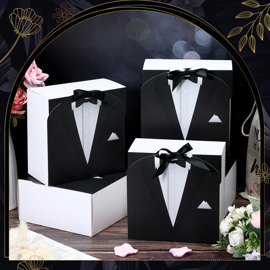 Motipuns Set of 6 Groomsmen Box with Ribbon Groomsman Proposal Gift for Men Paper Gift Boxes for Wedding Birthday Graduation Father's Day, 7.87 x 7.87 x 3.94''(Black)