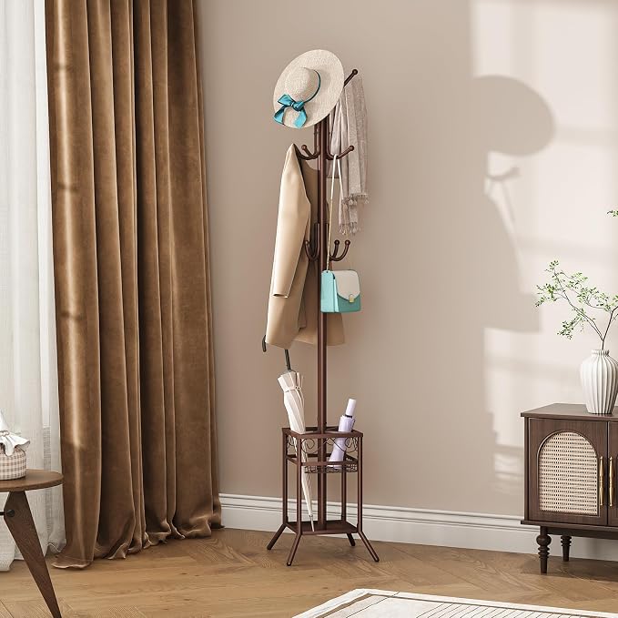ELYKEN Coat Rack Freestanding, Metal Coat Rack Stand with Umbrella Holder, Modern Coat Tree with 12 Hooks, Floor Standing Corner Hall Tree for Entryway Living Room Bedroom Office, Brown