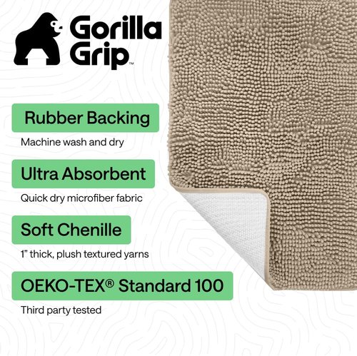 GORILLA GRIP Bath Rug Mat - Thick Absorbent Chenille | Quick-Dry Microfiber, 60x17 Inches, Gray Beige